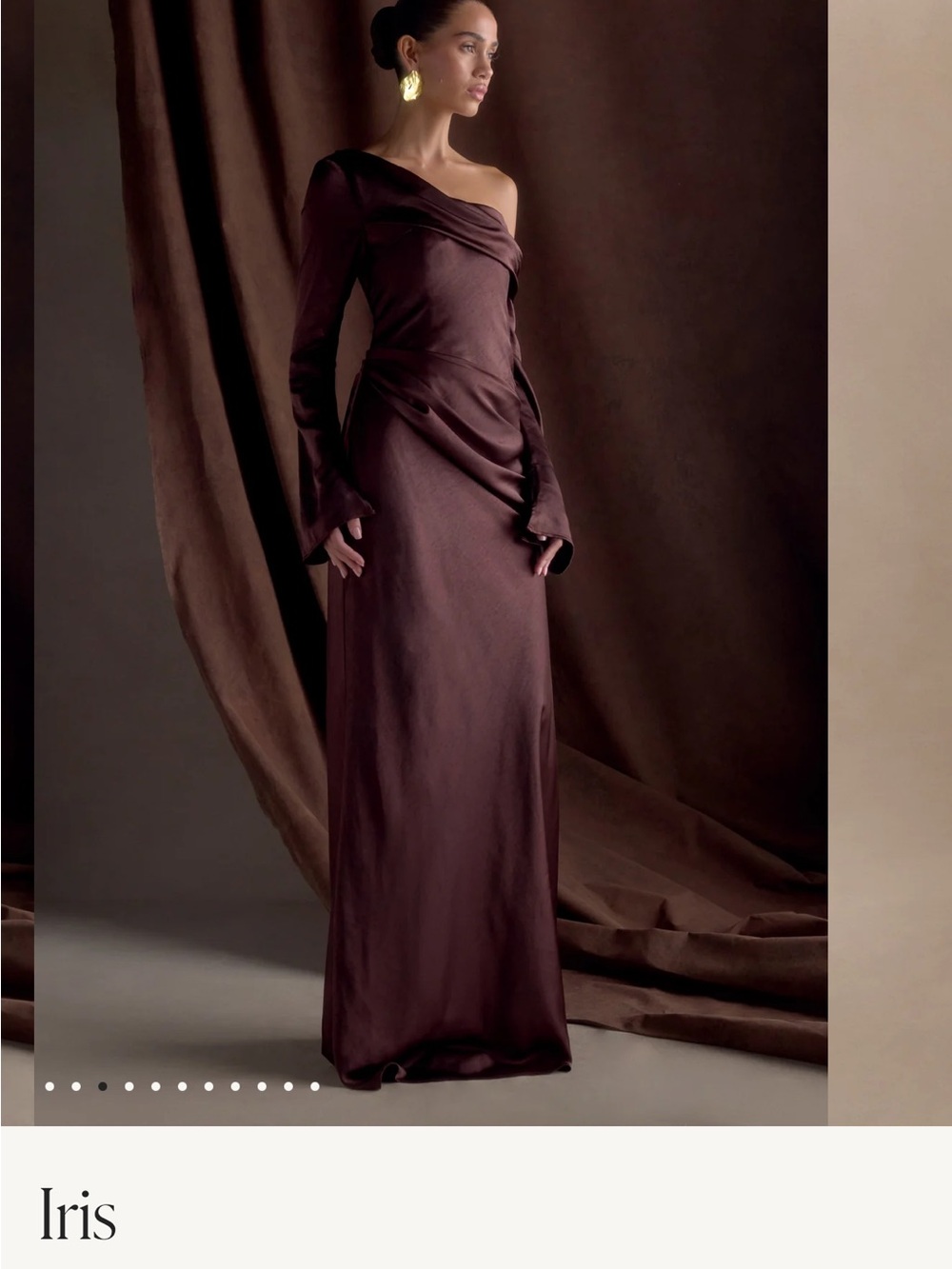Meshki Iris One-Shoulder Long Sleeve Gown in Dark Brown